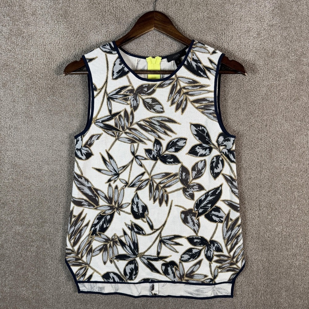 J. Crew Tank Top Womens 0 Tropical Floral Eyelet Cotton Textured Navy Leaf Print
